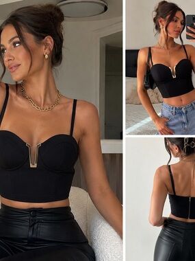 ENTRY Black Bustier Crop Top Women Size M Corset Style Party Clubwear Zip Back